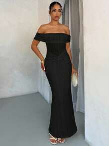 SHEIN BAE Off-Shoulder Lace Bodycon Dress, Elegant For Spring/Summer,Prom Dress - Black - View 5