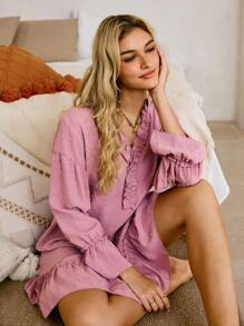 Lullawish فستان نوم نسائي فضفاض بياقة على شكل حرف V وأكمام طويلة وكشكشة، لون أحادي - وردي مغبر - مشاهدة 5