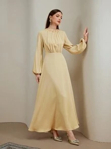 Veilorie Women's Elegant 3D Floral Decor Lantern Sleeve Dress   National Day  Modest Dresses For Women  Wedding Guest Dress Elegant   Fall Clothes For Women - Yellow - View 2