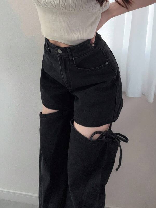 FRIFUL Women's Loose Fit Pockets & Cutout Design Wide Leg Casual Jeans