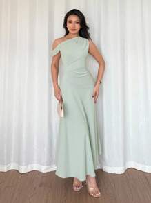 Elenzga Women's Summer Dress, Elegant French Style Bohemian Asymmetric Olive Green Cinched Waist Dress With Shoulder Details, Suitable For Graduation, Independence Day, Dating, Vacation - Green - View 4