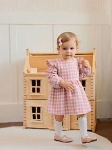 SHEIN A Pink, Sweet, Fashionable And Cute Long-Sleeved Zipped Round-Neck Plaid Dress For Baby Girls And A Pink Arctic Wool Hat As Accessories Are Essential For Daily Wear - Pink - View 3