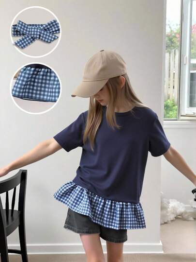 Filles Chic décontracté Marine 2 en 1 T-shirt à manches courtes avec patchwork à carreaux et nœud, coupe slim, été