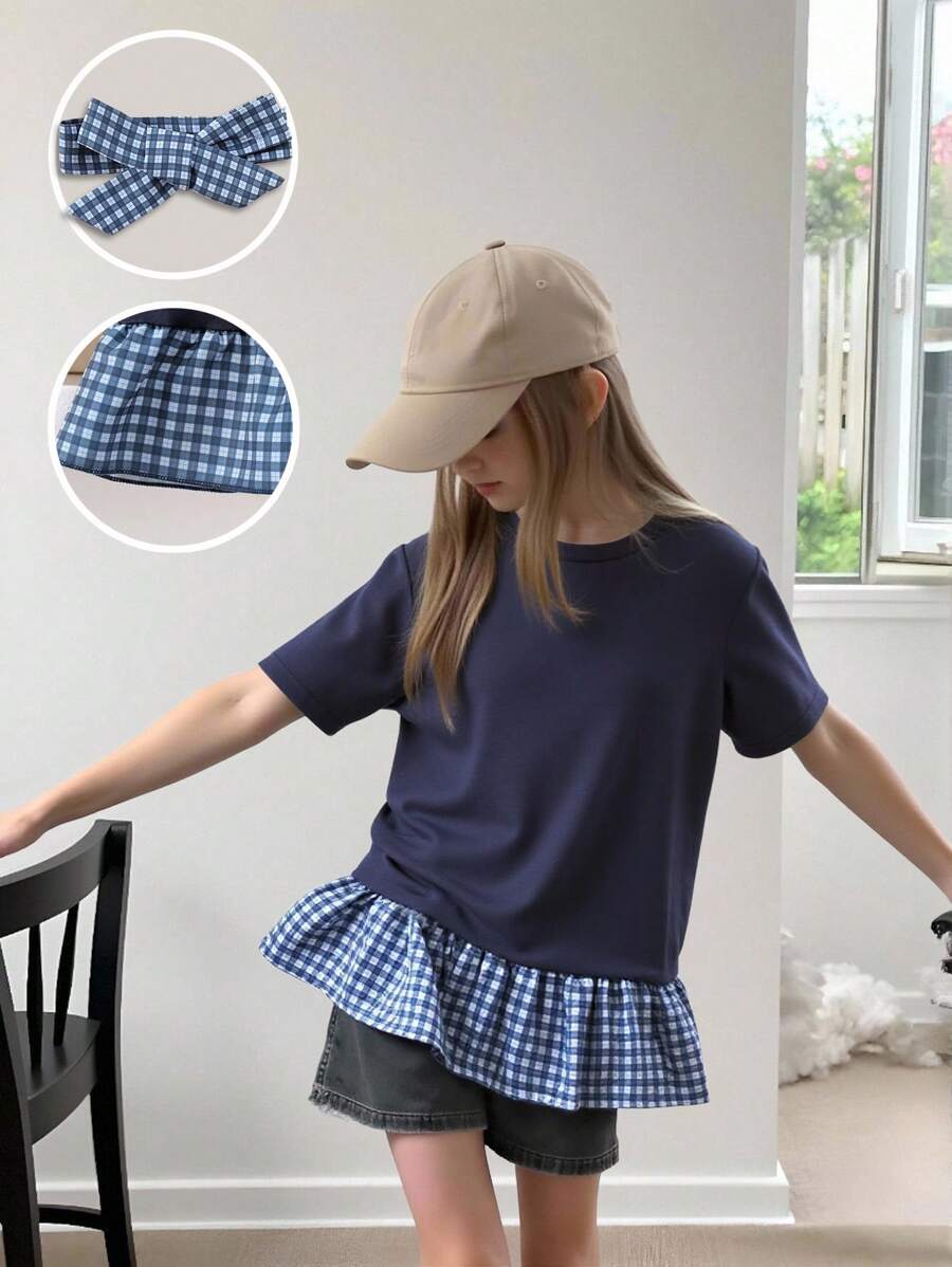 Girls Casual Chic Navy 2 In 1 Plaid Patchwork Short Sleeve T-Shirt With Tie, Slim Fit, Summer Girls Shirts Teen Girl Shirts Casual Shirts For Girls Gingham Ruffle Shirt Babydoll Tops For Girls - Black - View 1