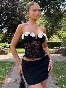 Glamine Sexy Romantic 3D Floral Contrast Color Lace Patchwork Boned Bustier Top For Women - Black - View 5