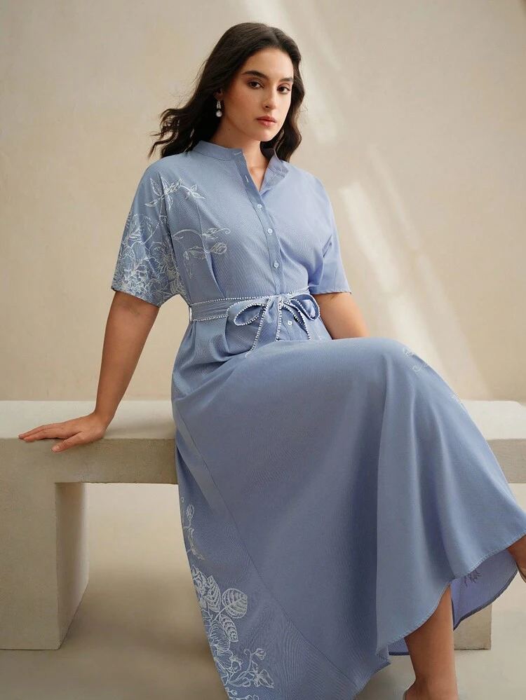 Sukienka midi z nadrukiem w stylu koszulowym, letnia sukienka z bufiastymi rękawami i krótkim rękawem w paski, z nadrukiem w talii i rozcięciem w kształcie litery A, damska sukienka na co dzień na lotnisko z paskiem, sukienka wyszczuplająca w dużym rozmiarze