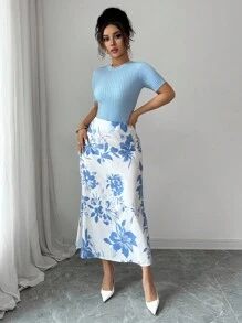 Franclia Set de 2 piezas con camiseta gráfica ajustada de cuello redondo y falda, conjunto de ropa de punto para vacaciones universitarias - Azul - Ver 7