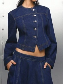 LYSMO 女士时尚通勤斜襟短款牛仔夹克