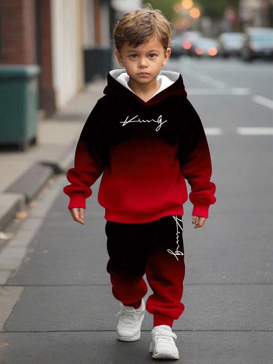 SHEIN 2 件套男童宽松休闲舒适长袖连帽运动衫套装，适合秋冬季 - 彩色 - 查看 1