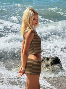 Sweetina Ensemble 2 pièces Top à épaules dénudées à rayures jaunes vintage et short taille basse pour femme - Multicolore - Voir 2