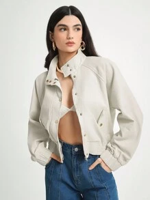 Daynim 女式休闲通勤插肩袖浅米色牛仔夹克 - 米色 - 查看 4