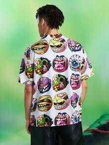 MADBALLS X SHEIN Men's Casual Cartoon Print Button Front Short Sleeve Shirt, Summer - White - View 2