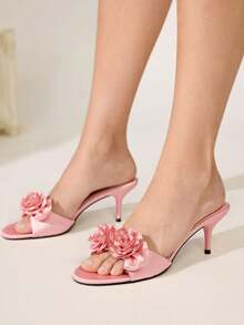 CUCCOO CHICEST 女士玫瑰花装饰尖头细高跟鞋优雅甜美浪漫舒适粉色缎面高跟凉鞋，适合礼服、伴娘、婚礼嘉宾、下午茶、约会、派对、优雅场合、节日、情人节、生日派对 - 珊瑚粉 - 查看 2