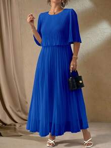 Elenzga Plus Size Solid Color Elegant Lady-Like Chiffon Pleated Dress, Spring/Summer Fall - Royal Blue - View 6