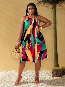 Maweii 大码彩色印花挂脖休闲度假连衣裙