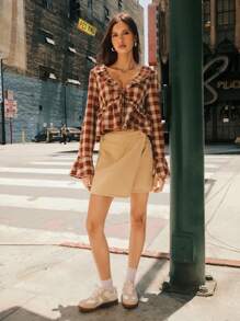 Easelle 女式复古休闲红色格子荷叶边前领带衬衫 - 紅白色 - 查看 11