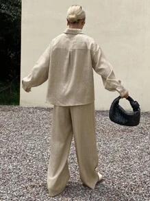 DAZY Conjunto de 2 piezas de top casual de manga larga con cuello en V y pantalones de ajuste holgado para mujer, otoño e invierno