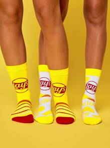 Lay's X SHEIN 2 双柔软透气吸湿排汗休闲女士中筒袜时尚薯片黄色中筒袜加固脚趾和脚跟，经久耐用男女通用四季百搭夏冬 - 彩色 - 查看 8