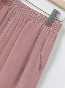 Rusticease Conjunto de dos piezas para mujer de blusa de manga corta con cuello redondo en unicolor y pantalones de pierna ancha con estampado de flores para el verano