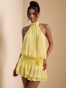SHEIN BAE 女式纯黄色露背低腰迷你连衣裙、海滩度假连衣裙、音乐节连衣裙、黄色连衣裙 - 黃色 - 查看 4