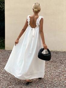 Livesso New Autumn Back To School Casual Vacation Style Spaghetti Strap Women Long Dress - White - View 3
