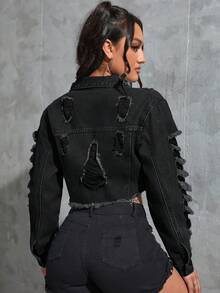 SHEIN EZwear 女式做旧长袖单排扣磨边短款牛仔夹克 - 黑色 - 查看 3