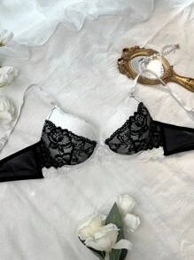 DelicateAllure 撞色蕾丝拼接钢圈蝴蝶装饰女士文胸 - 黑與白 - 查看 3
