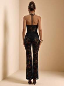 SHEIN BAE Body in pizzo nero da donna, body sgambato con scollo profondo, sexy e trasparente, adatto per concerti, festival musicali, estate - nero - Visualizzare 2