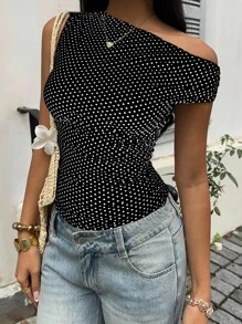 Sunnyshic Petite 白色和黑色波尔卡圆点不对称褶皱修身腰部衬衫，优雅休闲度假沙滩装，适合娇小女性夏季穿着 - 黑色 - 查看 5