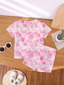 Adorable Pink Tie-Dye Co-Ord Set With Bunny Graphics And Round Neck Tee For Kids - Multicolor - View 2