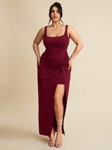 SHEIN BAE Váy midi bó phía trước màu đen dáng xương cá cỡ lớn dành cho nữ xuân/hè, váy xếp ly xẻ tà phía trước thắt nút xoắn, váy ngắn tốt nghiệp, váy ngắn co giãn, váy kiểu Pháp, váy dạ hội, váy sinh nhật, váy phù dâu, váy thường ngày thanh lịch, váy dự tiệc cưới, váy phù dâu, váy dự tiệc, váy corset - Màu Đỏ Sâu - Xem 1