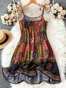 SHEIN LUNE Vestido con hebilla de madera y pliegues para mujer de talla grande, atuendos de primavera para mujer, atuendos de verano para mujer, ropa de verano, atuendo de Pascua para mujer, ropa occidental para mujer, atuendos de playa y vacaciones para mujer, atuendo de aeropuerto para mujer, estilo relajado y cómodo, estilo casual y relajado, estilo de vacaciones, ropa bohemia y boho de otoño para mujer, atuendo para concierto country, atuendos vintage de maestra para mujer, vestido de retazos, vestido bohemio, vestido de sol estampado - Multicolor - Ver 2