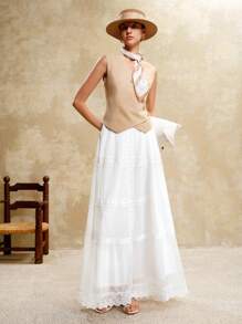 SHEIN LUNE Women's White Elegant Summer Chiffon Pleated Lace Maxi Skirt,Boho Flowy Wedding Guest Skirt,Holiday Resort Wear,Old Money Style Tea Party Nashville - White - View 1