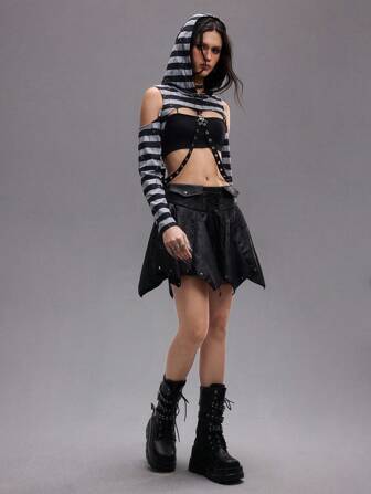 Grunge Punk Vuelta al cole: Camiseta corta con capucha, sexy y desgastada, con diseño de cadena, inspirada en el punk rock, a rayas blancas y negras, para mujeres