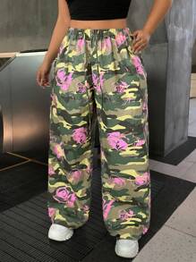 SHEIN EZwear 大码迷彩玫瑰印花宽松裤 - 彩色 - 查看 4