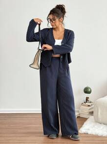 Lounesse 大码女式开襟西装背心和条纹西装裤两件套，海军蓝，休闲通勤装 - 藏蓝色 - 查看 3