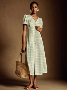 Écloséra Váy midi xẻ tà cổ chữ V kẻ caro vàng xanh kiểu Pháp cổ điển, viền ren trắng, màu tương phản, trang trí nút phía trước, dành cho nữ mùa xuân hè - màu xanh lá - Xem 1