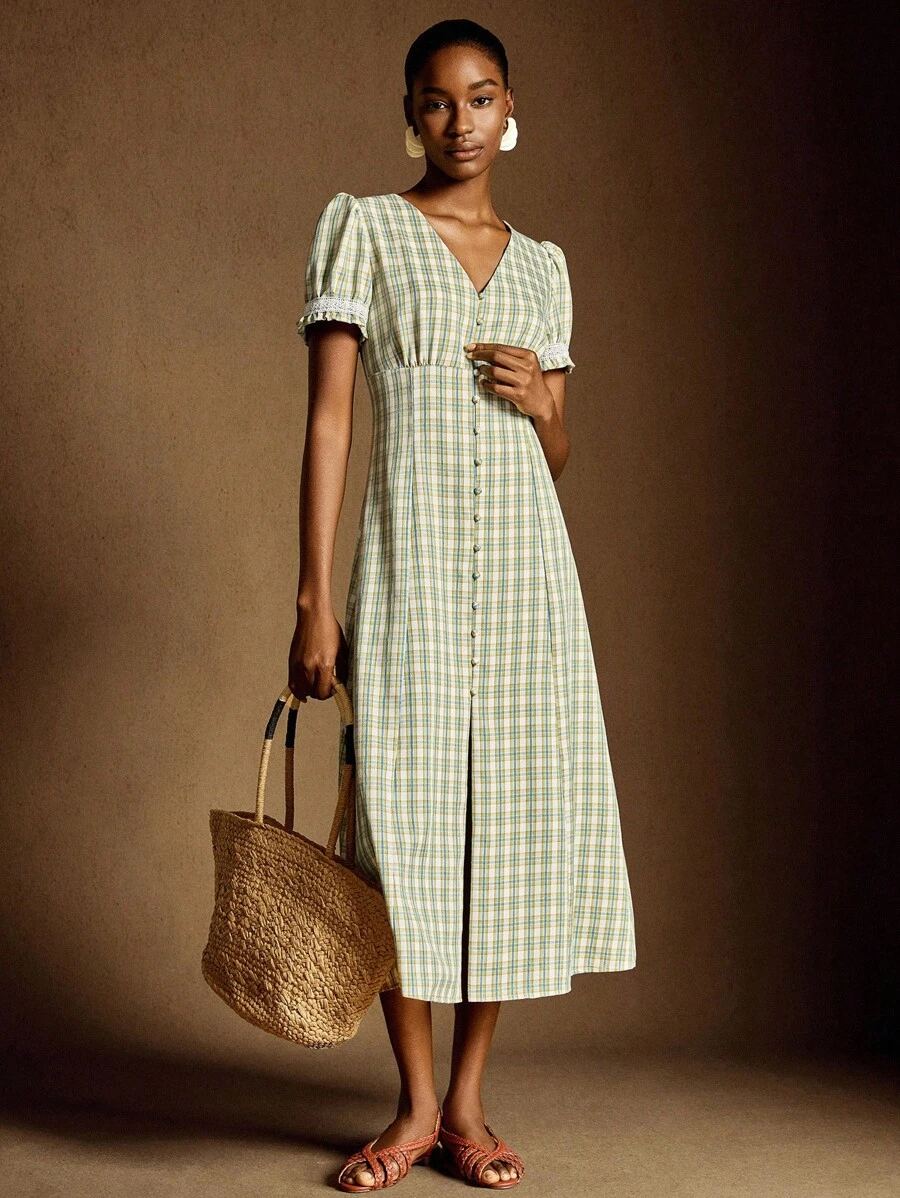 Écloséra Váy midi xẻ tà cổ chữ V kẻ caro vàng xanh kiểu Pháp cổ điển, viền ren trắng, màu tương phản, trang trí nút phía trước, dành cho nữ mùa xuân hè - màu xanh lá - Xem 1