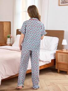 2 件套女童草莓印花荷叶边领短袖上衣 + 裤子睡衣套装，春夏儿童休闲家居服或睡衣