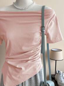 SHEIN 女式夏季简约纯色露肩不对称下摆T恤 - 粉色 - 查看 4