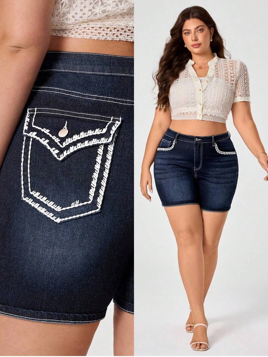 SHEIN ICON 大码女式刺绣牛仔时尚短裤,优雅 - 藍色 - 查看 1