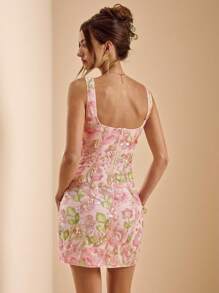 SHEIN BAE Váy ngắn hở lưng đính đá và sequin màu trơn, Váy đi biển, Váy hè hở lưng gợi cảm thanh lịch ngọt ngào, Váy tốt nghiệp - Hồng - Xem 2