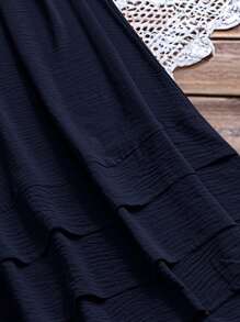 EMERY ROSE 大码女式夏季纯色圆领褶饰荷叶边下摆休闲无袖连衣裙 - 藏蓝色 - 查看 5