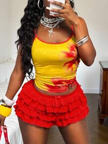 Slaydiva 2件套2025春夏新款音乐节、复活节、节日、西部、游牧风风格、适合生日、毕业典礼、休闲外出、百搭搭配、休闲、度假、邮轮旅行、海滩、日光浴、休闲、街头风花卉细肩带上衣和多层荷叶边下摆迷你裙套装 - 彩色 - 查看 5