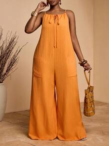 Slaydiva 2025新款独家度假休闲细肩带宽松连体裤，侧开衩，系带 - 橘色 - 查看 7