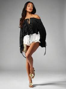 MISSGUIDED Off Shoulder Chiffon Ruffle Bodysuit Dramatic Bell Sleeves Boho Festival Bardot Neckline Special Occasion Evening Party Drawstring Bubble Hem Blouson Design
