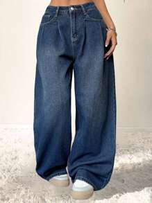 Coolane Tween 女孩，秋季服装，宽松百褶阔腿牛仔裤，蓝色，直筒牛仔裤，雨伞裤，时尚街头，适合所有季节，返校，宽松牛仔裤 - 藍色 - 查看 1