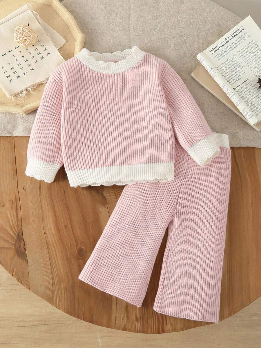 SHEIN Vintaside Kids 两件套女婴优雅纯色针织毛衣和阔腿裤套装,适合秋冬季节,时尚百搭,适合日常穿着、外出和旅行。这款女婴日常针织毛衣和裤子套装版型合身,面料柔软舒适。两件套女婴冬季针织套装,女婴针织两件套,女婴针织两件套,女婴针织两件套,女婴针织两件套,女婴针织套装,女婴秋季套装 - 粉色 - 查看 1