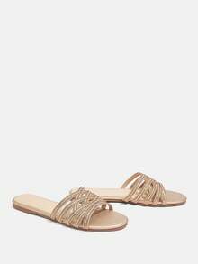 CUCCOO TILAWA Women's Rhinestone Hollow Design Casual Flat Slippers - Champagne - View 5