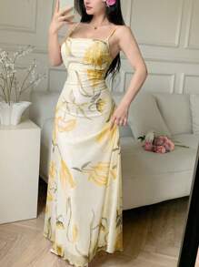 Modelyn 女式网眼花卉印花细肩带荷叶边腰夏季休闲连衣裙 - 黃色 - 查看 6